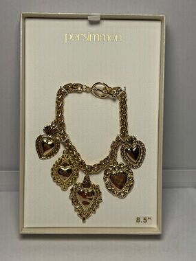 Persimmon Gold Tone Sacred Heart Charm Bracelet 8.5” Chunky Chain Statement NIB